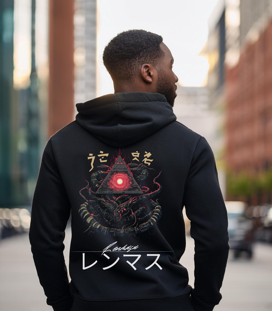 Renmasu 'Serpent of Secrets' black hoodie worn outdoors, featuring a cyberpunk design with a glowing red pyramid, mechanical serpents, and Japanese kanji elements. Ideal for futuristic streetwear fashion and techwear enthusiasts.