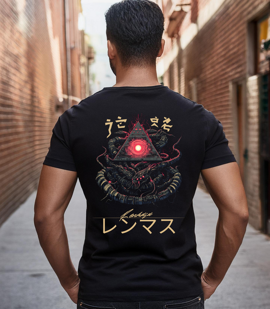 Man wearing the Serpent of Secrets Tee by Renmasu, featuring a bold occult design with a glowing pyramid eye and serpent details on a black premium cotton shirt.