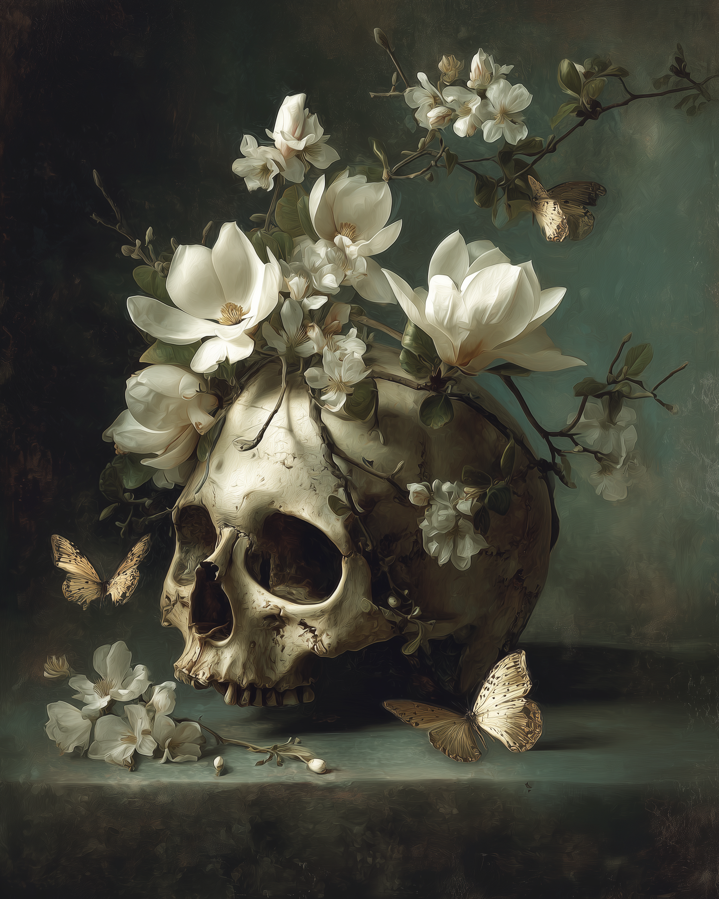 Skull with Magnolia & Butterflies