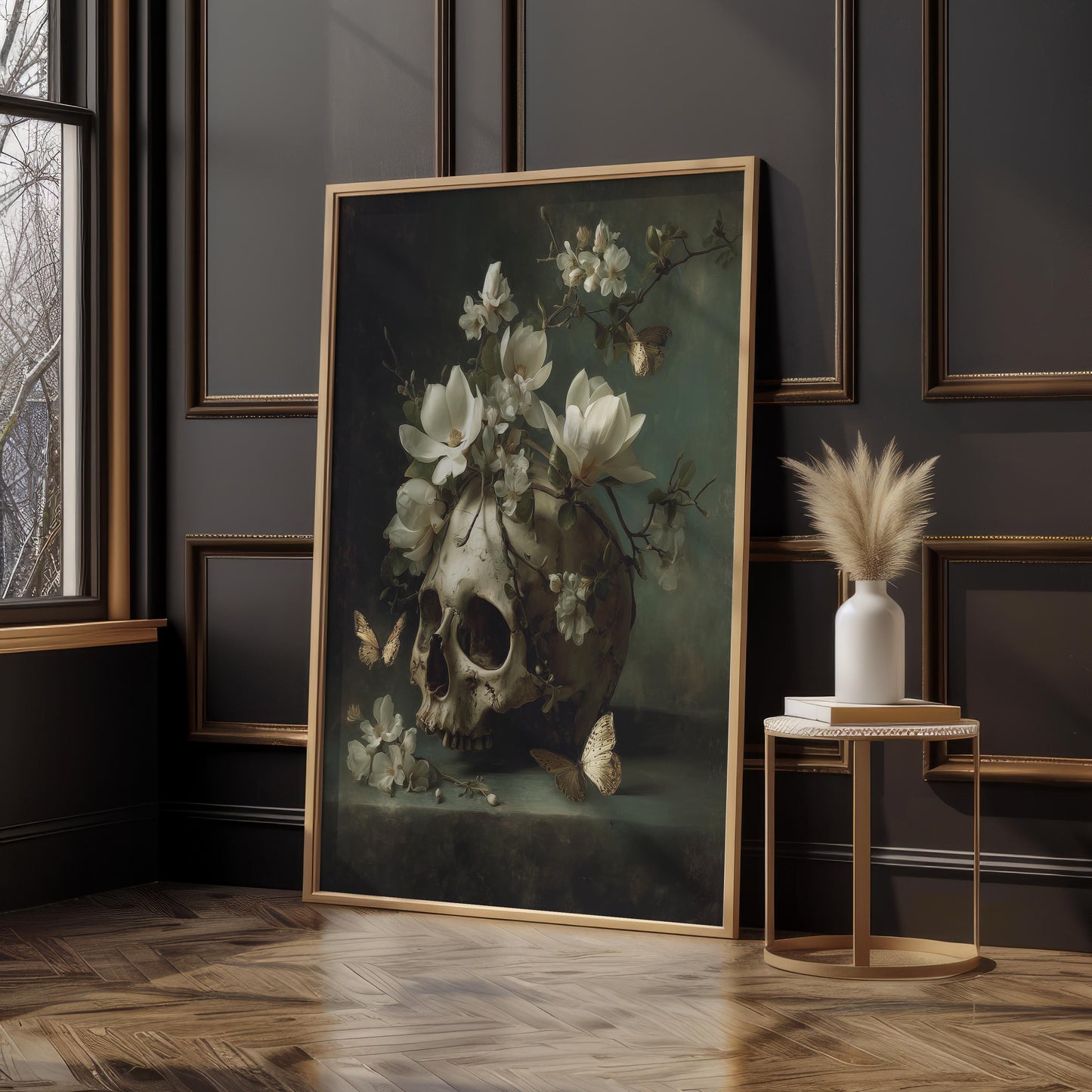 Skull with Magnolia & Butterflies