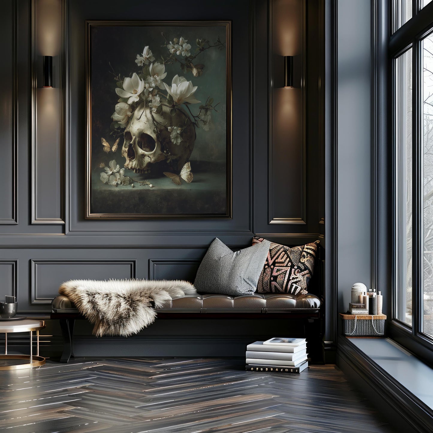 Skull with Magnolia & Butterflies