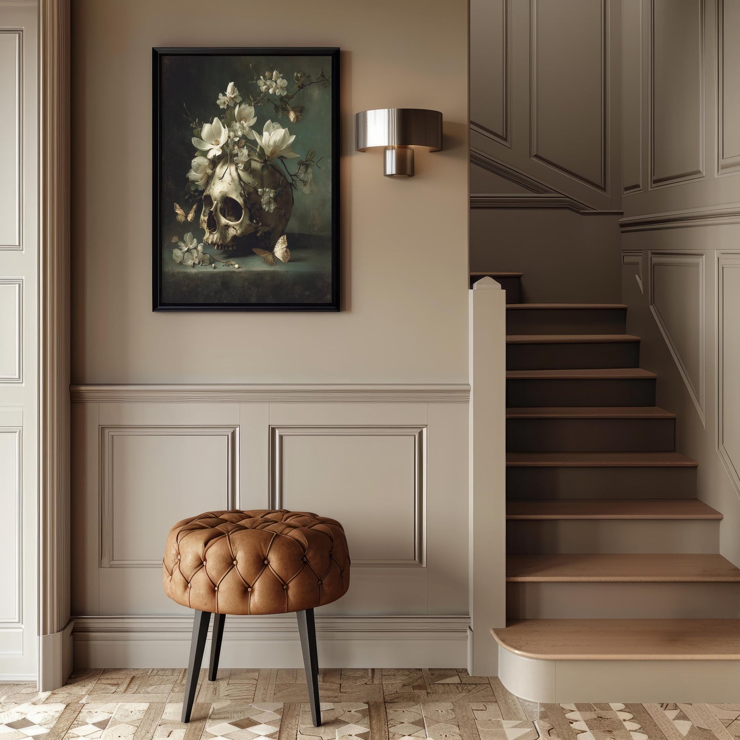 Skull with Magnolia & Butterflies