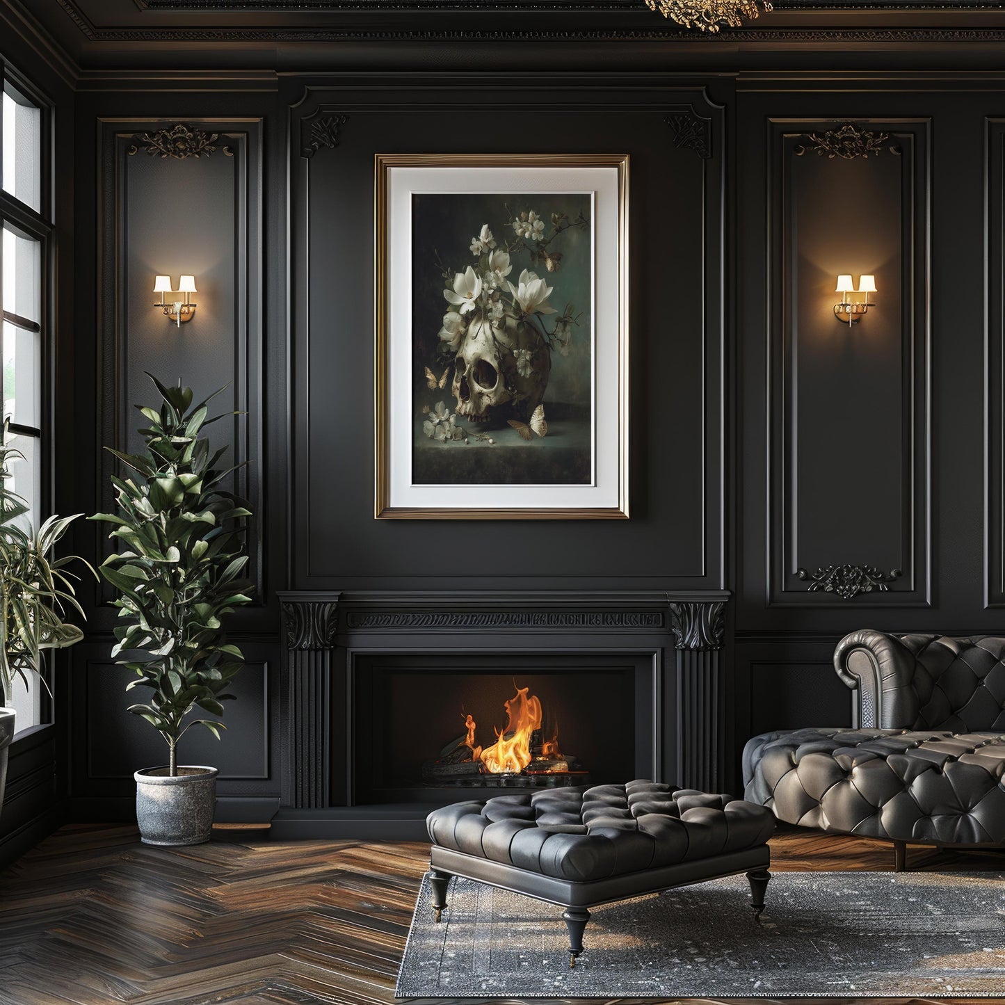 Skull with Magnolia & Butterflies