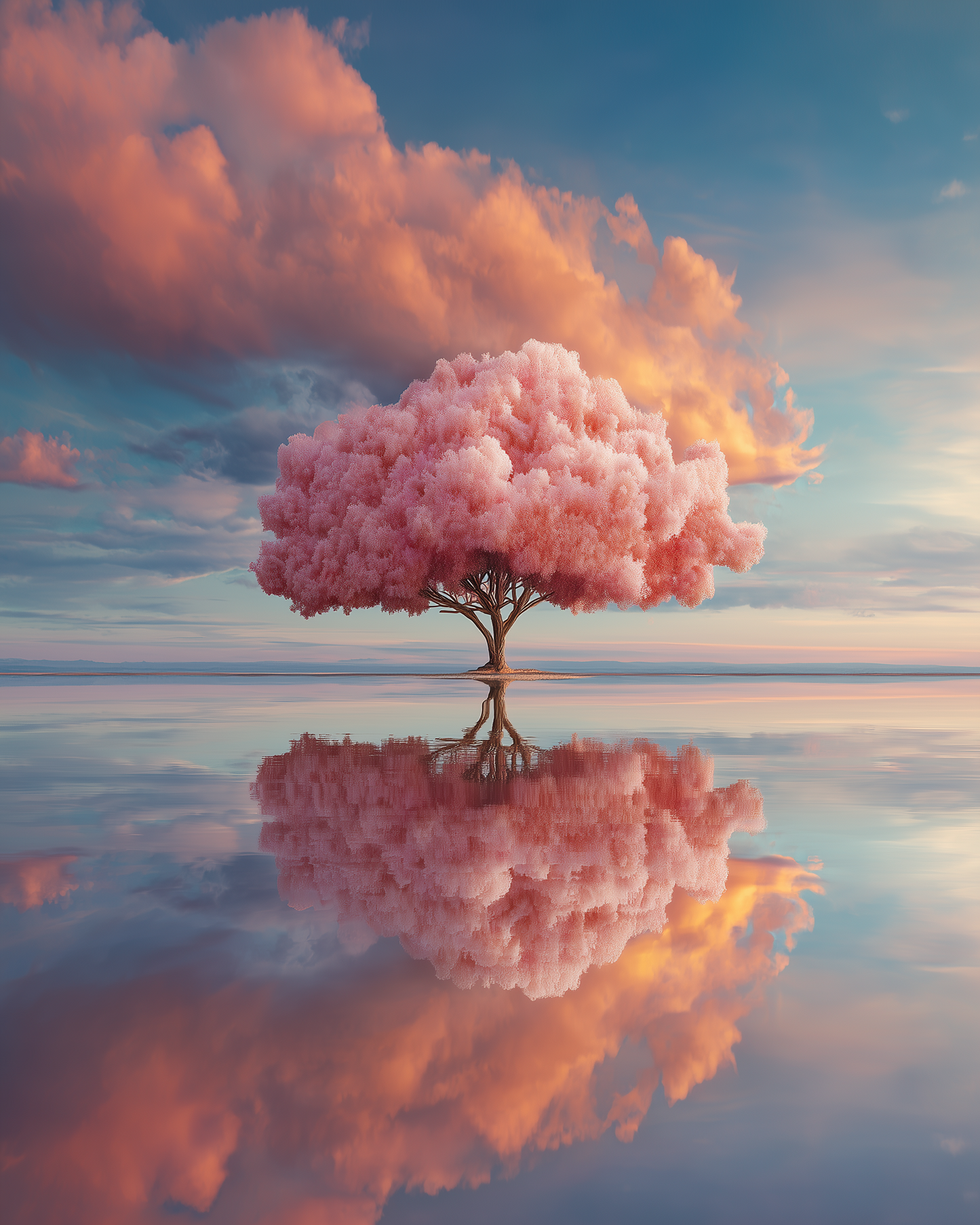 Solitary Pink Tree Reflected in Water