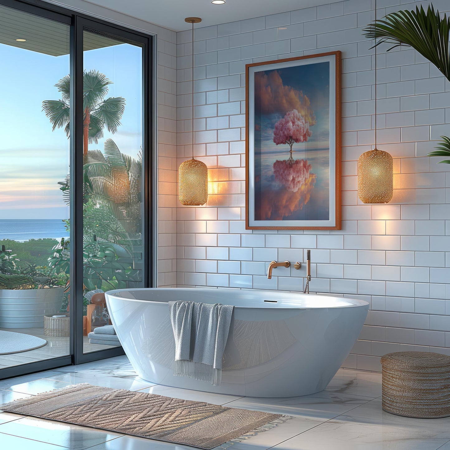 Solitary Pink Tree Reflected in Water