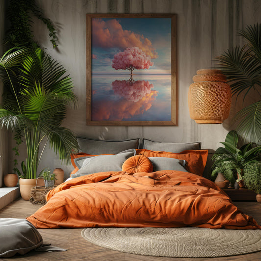 Solitary Pink Tree Reflected in Water