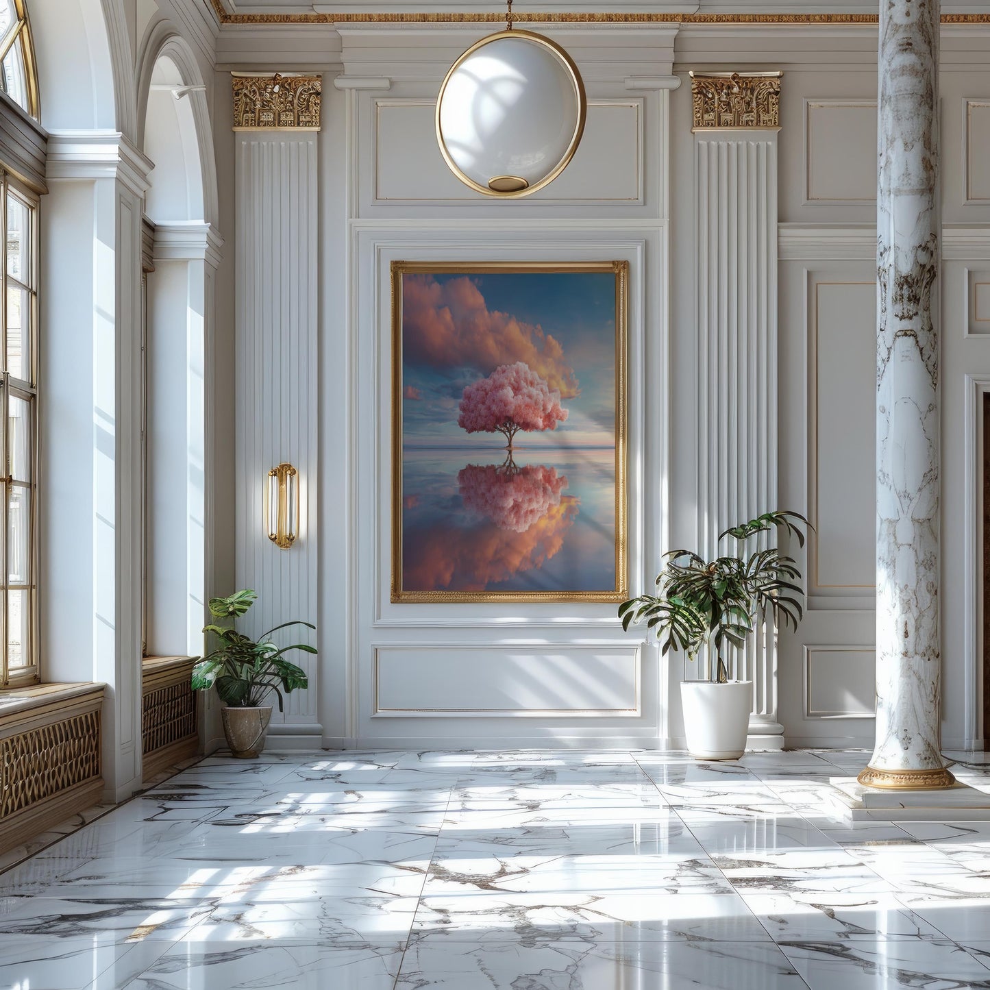 Solitary Pink Tree Reflected in Water