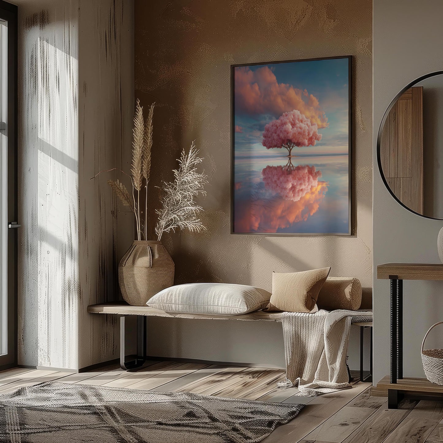 Solitary Pink Tree Reflected in Water