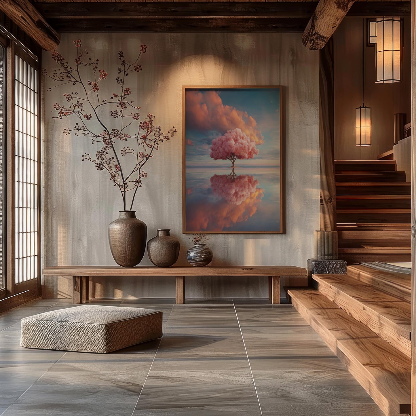 Solitary Pink Tree Reflected in Water