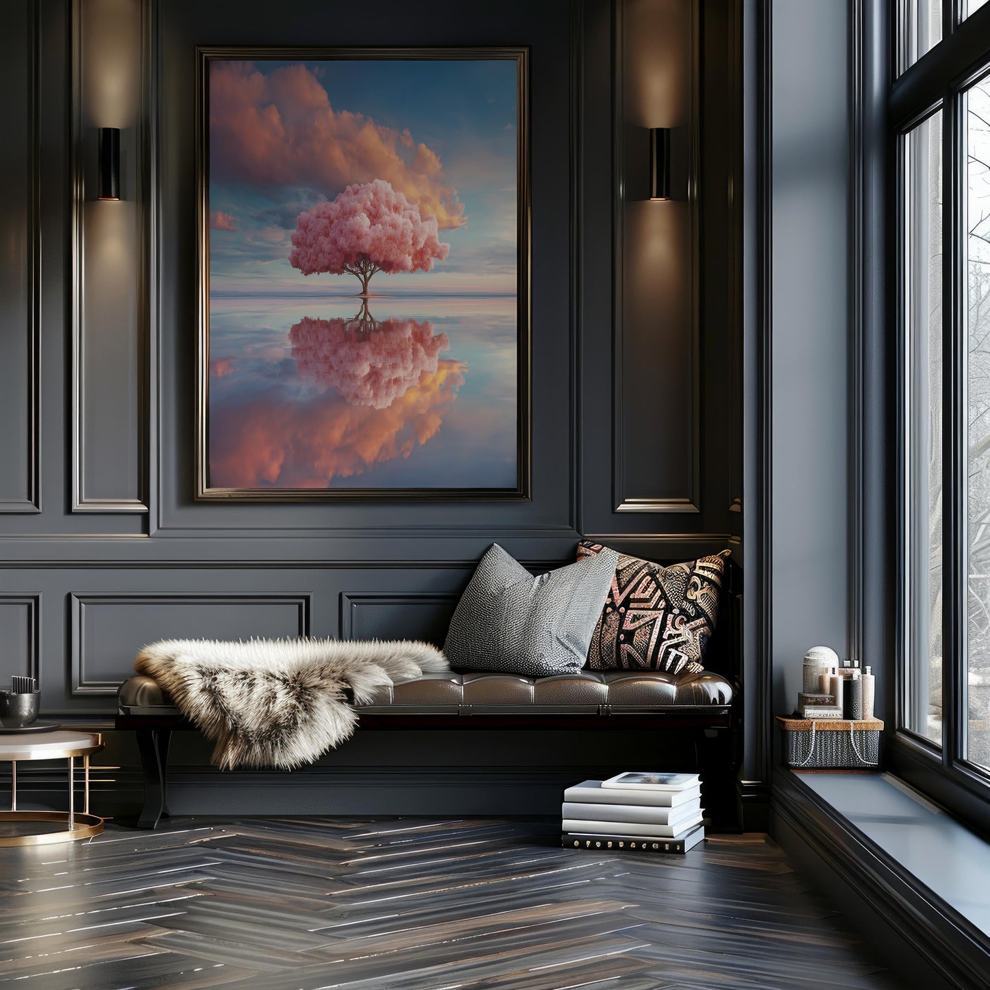 Solitary Pink Tree Reflected in Water