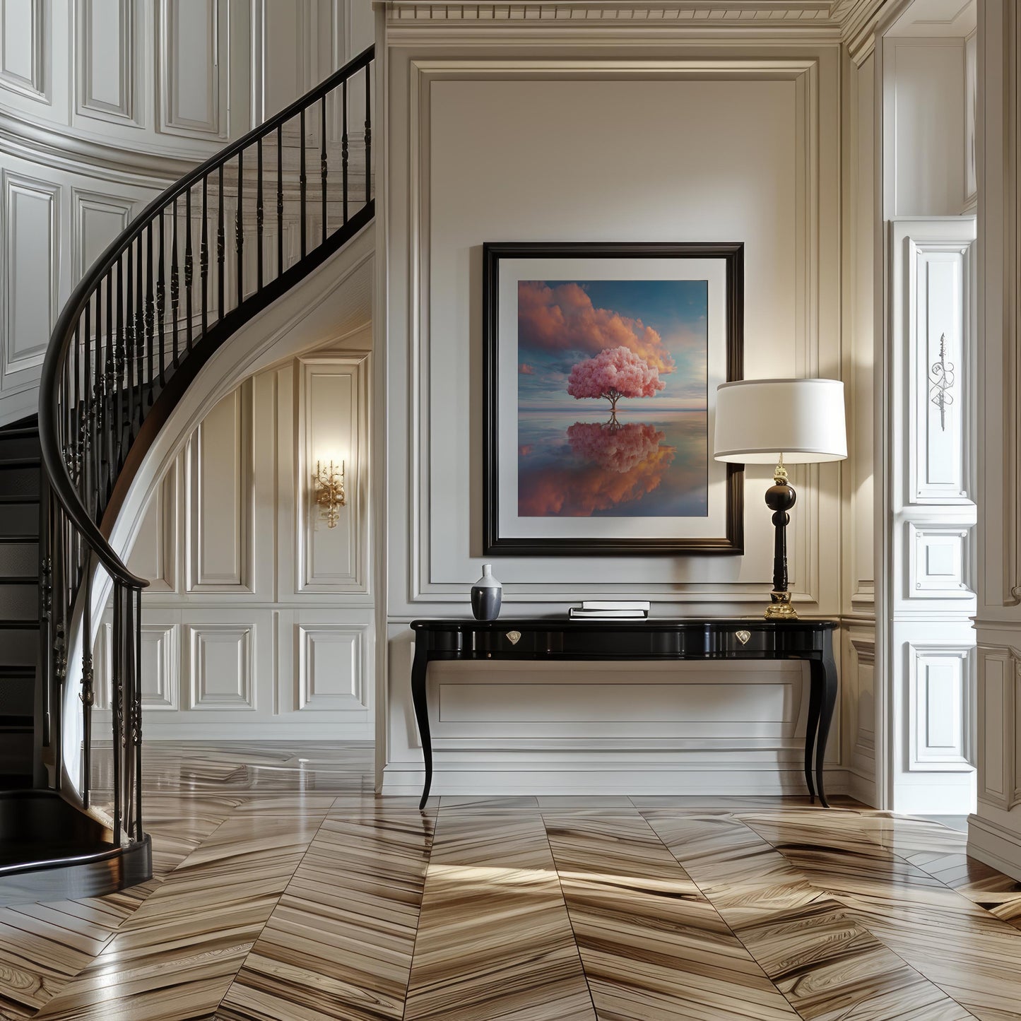 Solitary Pink Tree Reflected in Water