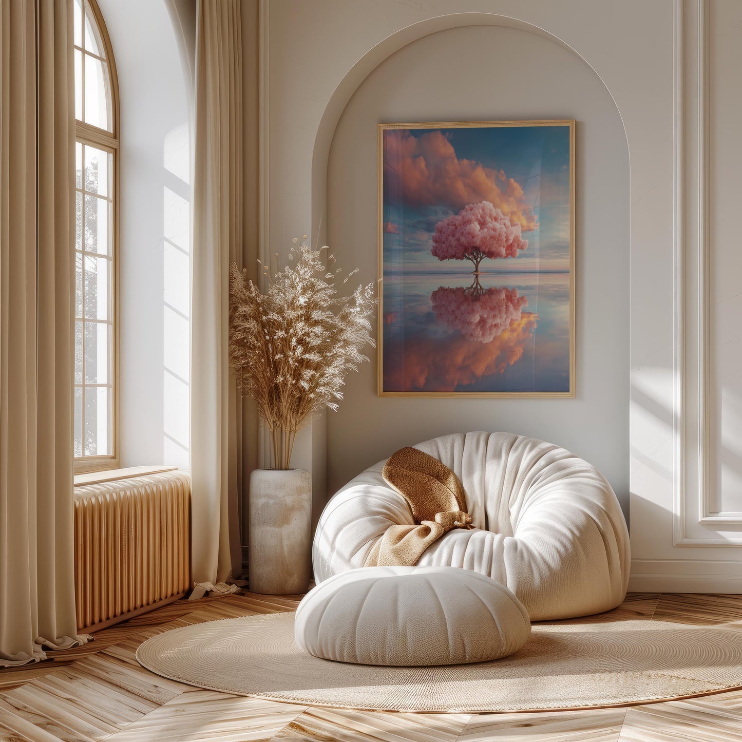 Solitary Pink Tree Reflected in Water