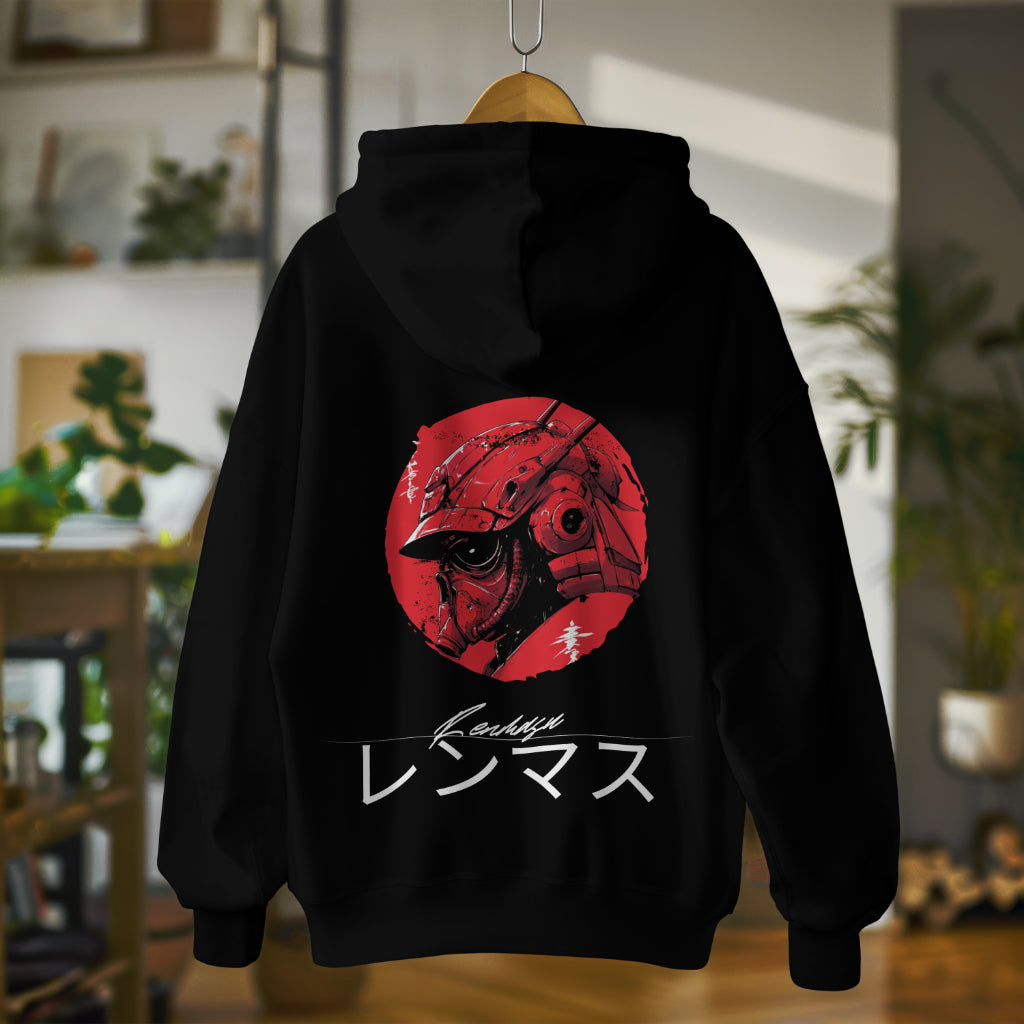 A black hoodie displayed on a wooden hanger, featuring a striking red samurai helmet design centered on the back. The helmet has a cyberpunk-inspired, futuristic style with intricate mechanical details, enclosed in a circular red background with Japanese calligraphy accents. Below the artwork, the 'Renmasu' logo is written in a sleek white font with Japanese katakana characters. 