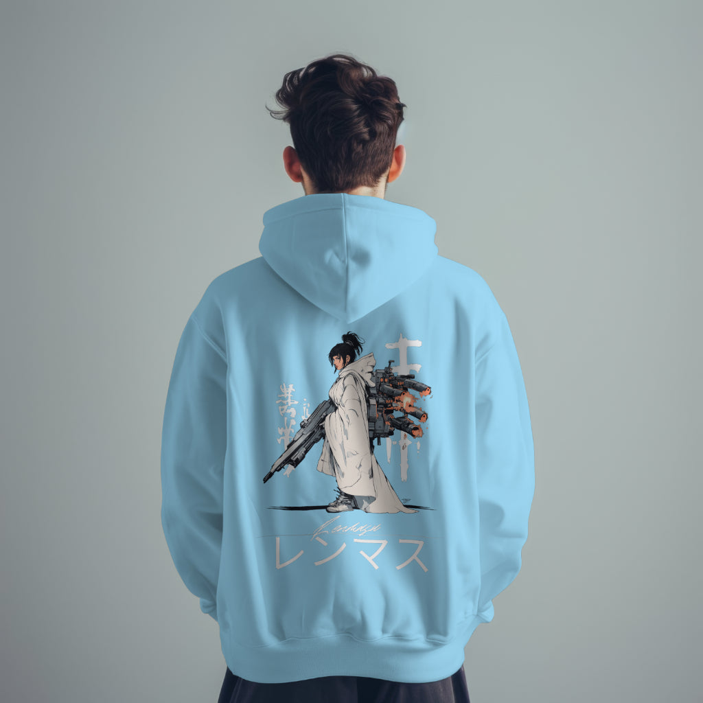 Guardian of Shadows Hoodie – Futuristic design featuring a cloaked cyber warrior with weaponry. Premium streetwear with soft fabric and bold statement graphics.