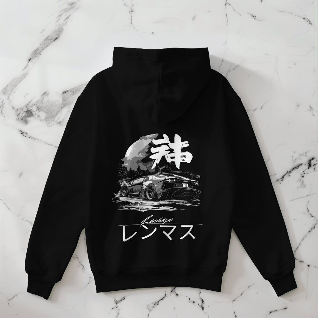 Lamborghini Aventador Ghost Hoodie – A striking black hoodie featuring a detailed Lamborghini Aventador under a moonlit sky with Japanese kanji and the Renmasu logo. Perfect for streetwear lovers and automotive enthusiasts.