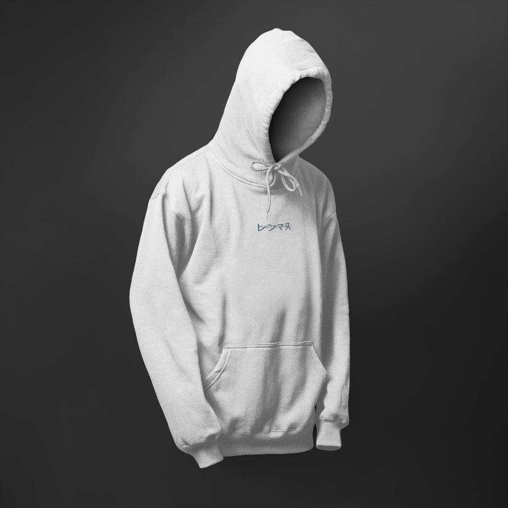 Renmasu Minimalist White Hoodie – Clean, modern, and versatile. Features subtle Japanese kanji on the front for a sleek streetwear look. Perfect for everyday style.