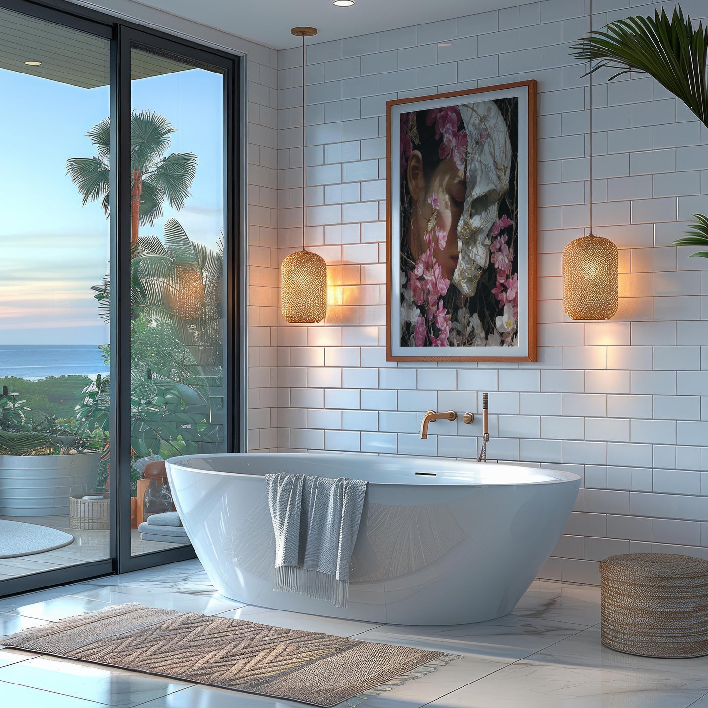 Woman & Skull Split Portrait with Blossoms