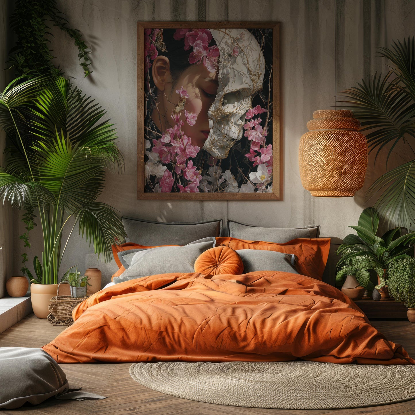 Woman & Skull Split Portrait with Blossoms