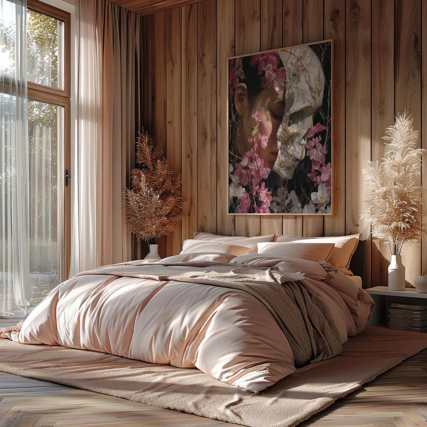 Woman & Skull Split Portrait with Blossoms