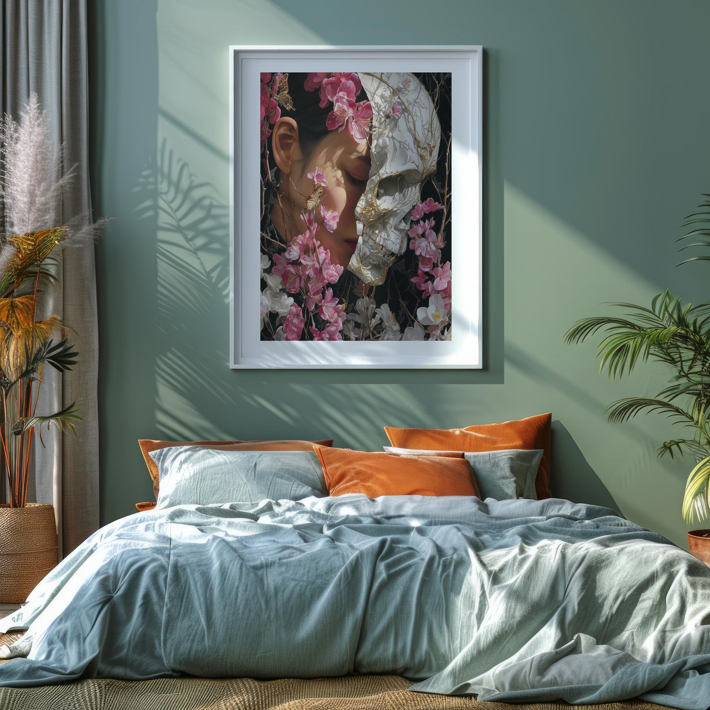 Woman & Skull Split Portrait with Blossoms