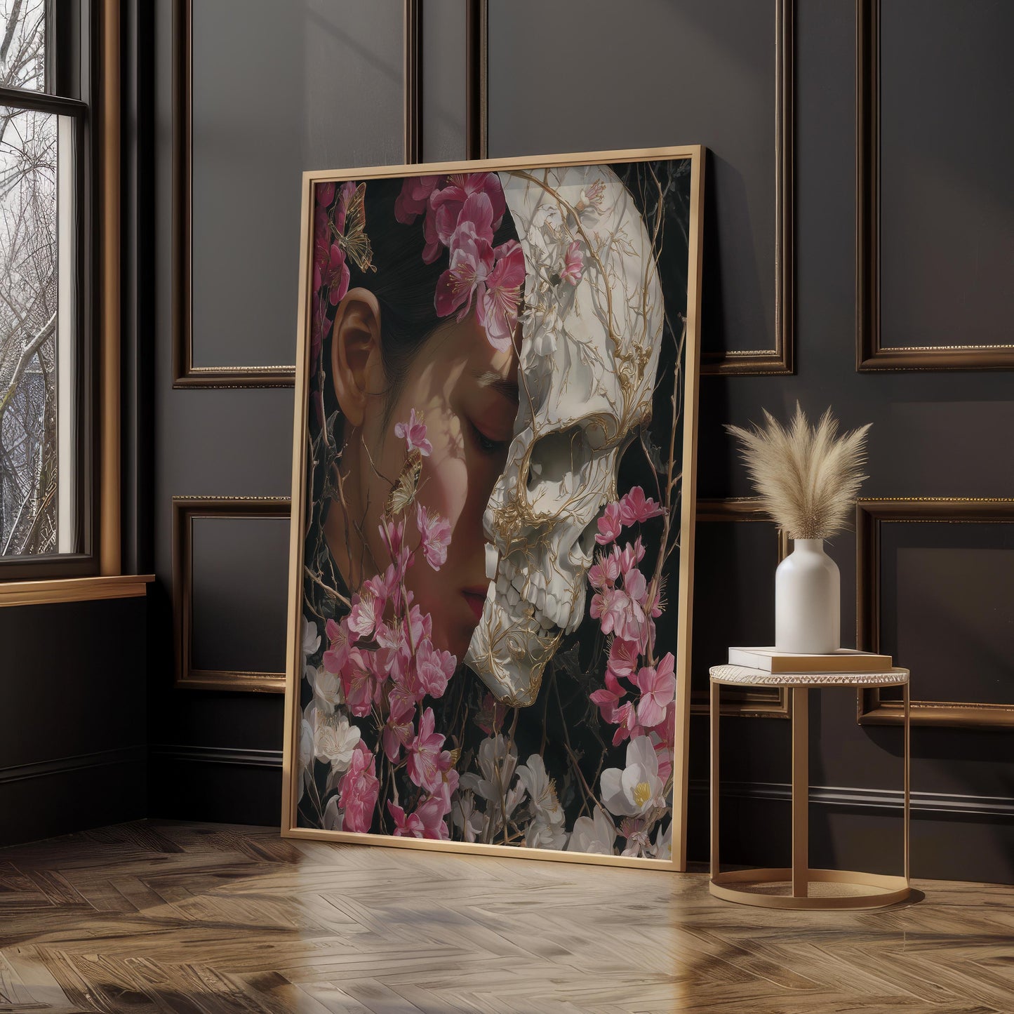 Woman & Skull Split Portrait with Blossoms