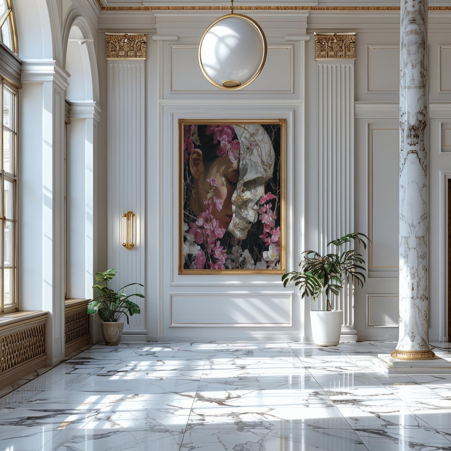 Woman & Skull Split Portrait with Blossoms