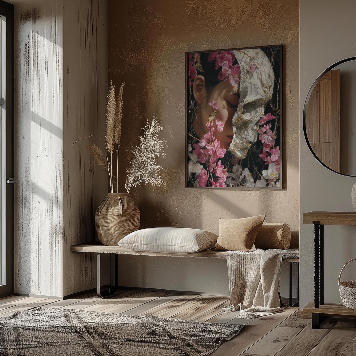 Woman & Skull Split Portrait with Blossoms