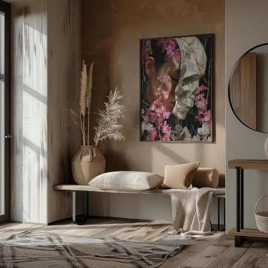 Woman & Skull Split Portrait with Blossoms