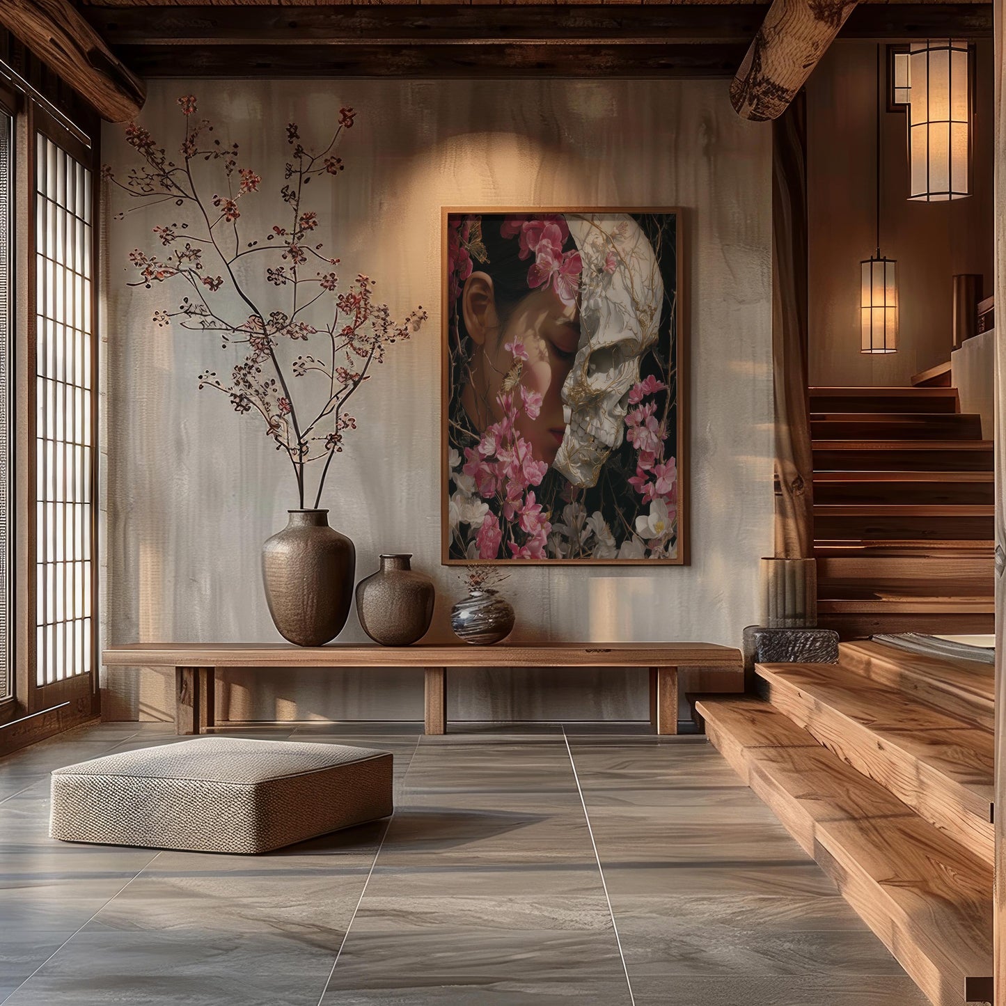 Woman & Skull Split Portrait with Blossoms