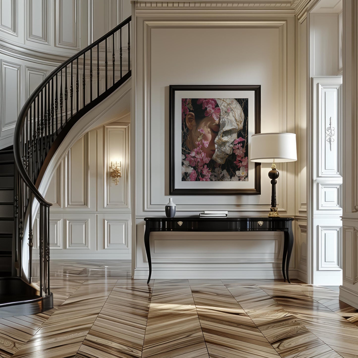 Woman & Skull Split Portrait with Blossoms