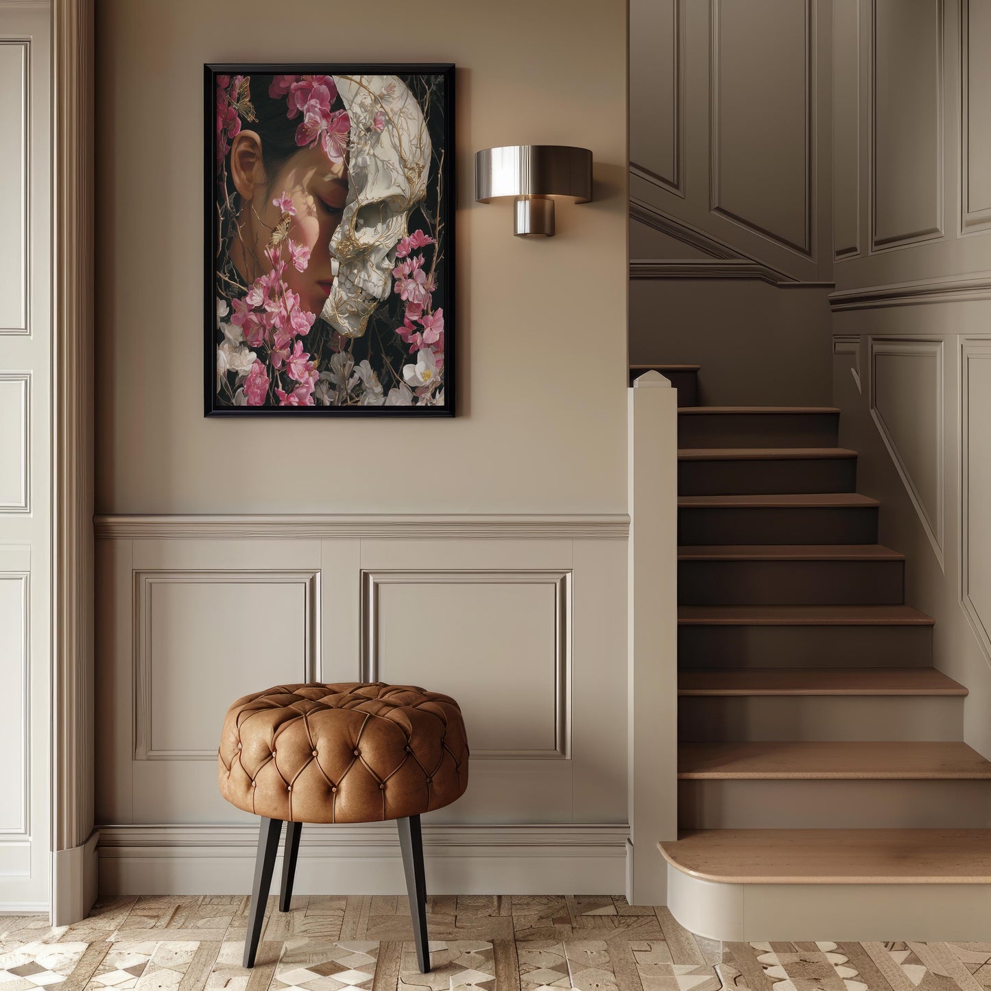 Woman & Skull Split Portrait with Blossoms