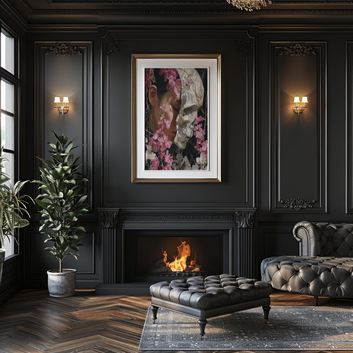 Woman & Skull Split Portrait with Blossoms