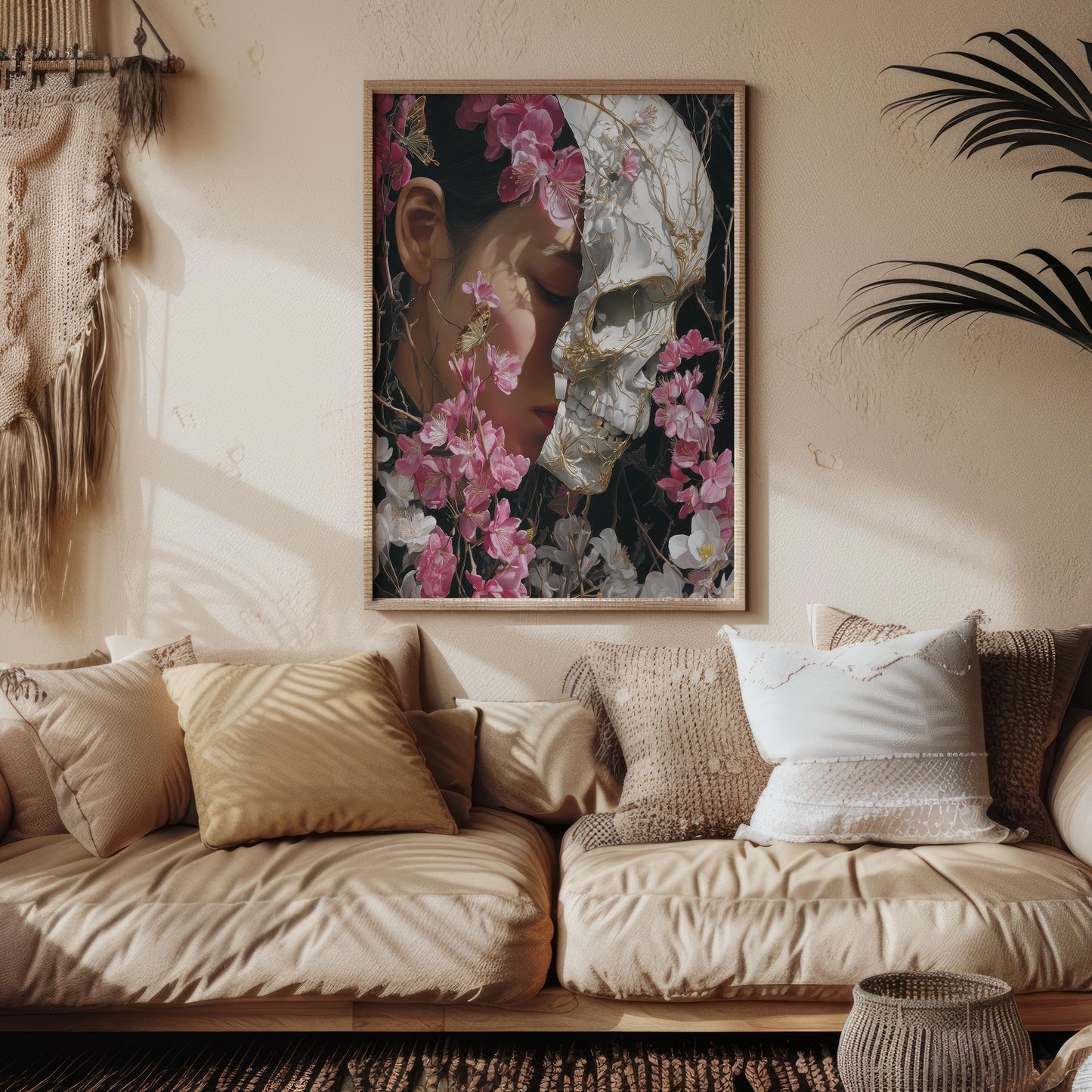 Woman & Skull Split Portrait with Blossoms