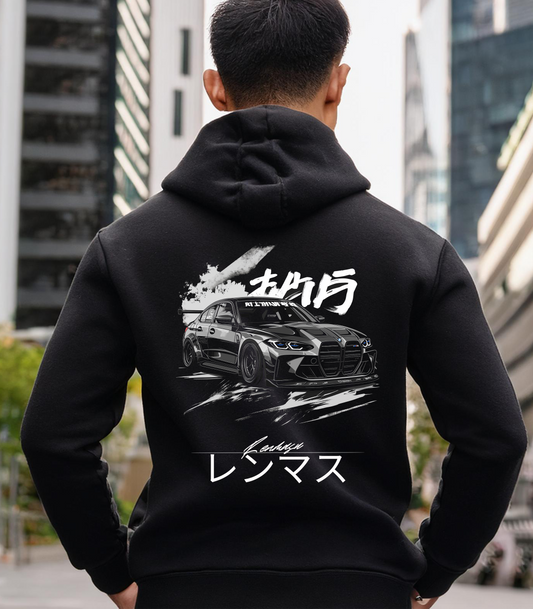 Man wearing the BMW M3 God Hoodie by Renmasu, featuring a bold black and white BMW M3 graphic with Japanese text on a black premium cotton hoodie.