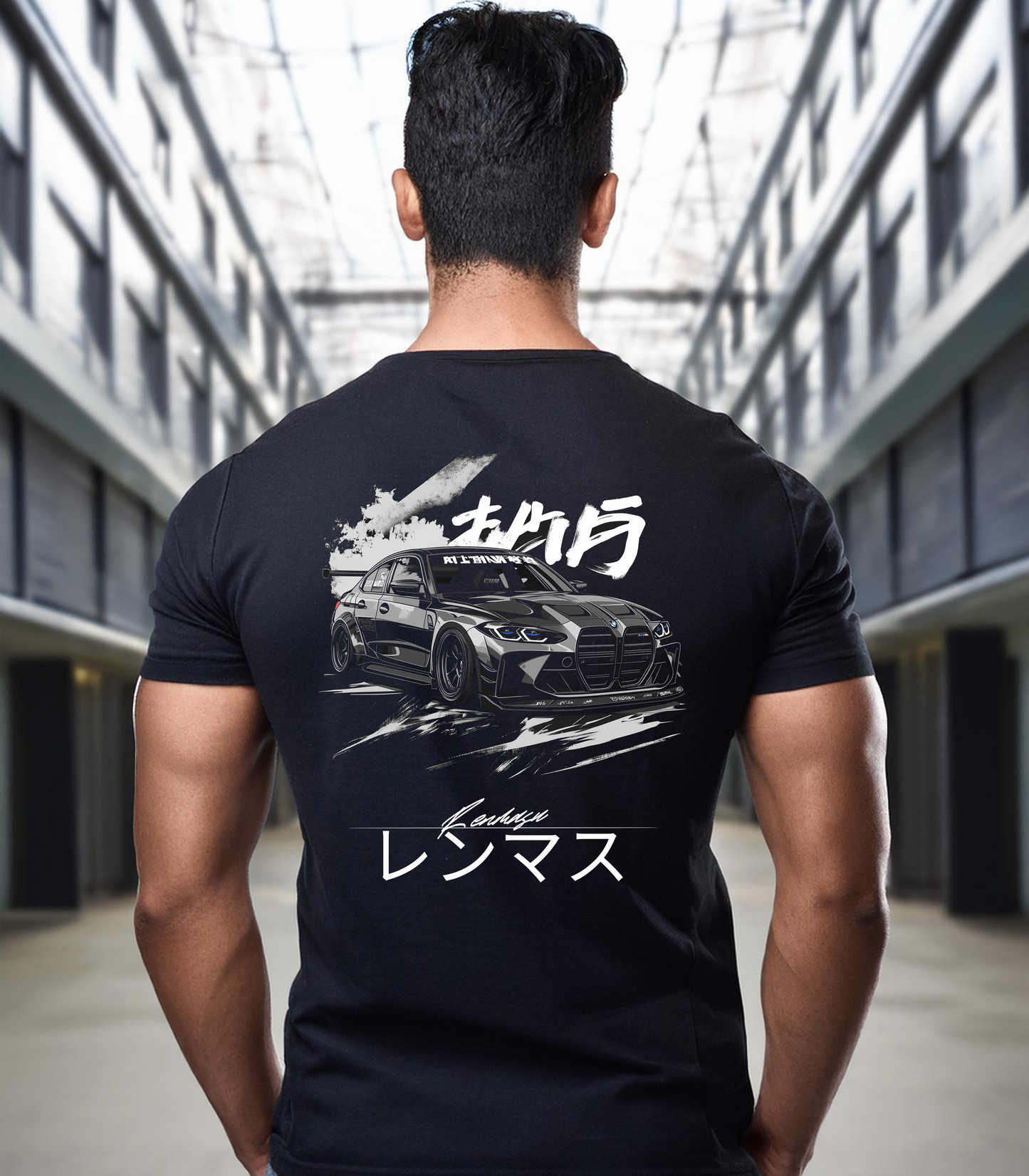 Man wearing the BMW M3 God Tee by Renmasu, featuring a bold black and white BMW M3 graphic with Japanese text on a black premium cotton t-shirt.