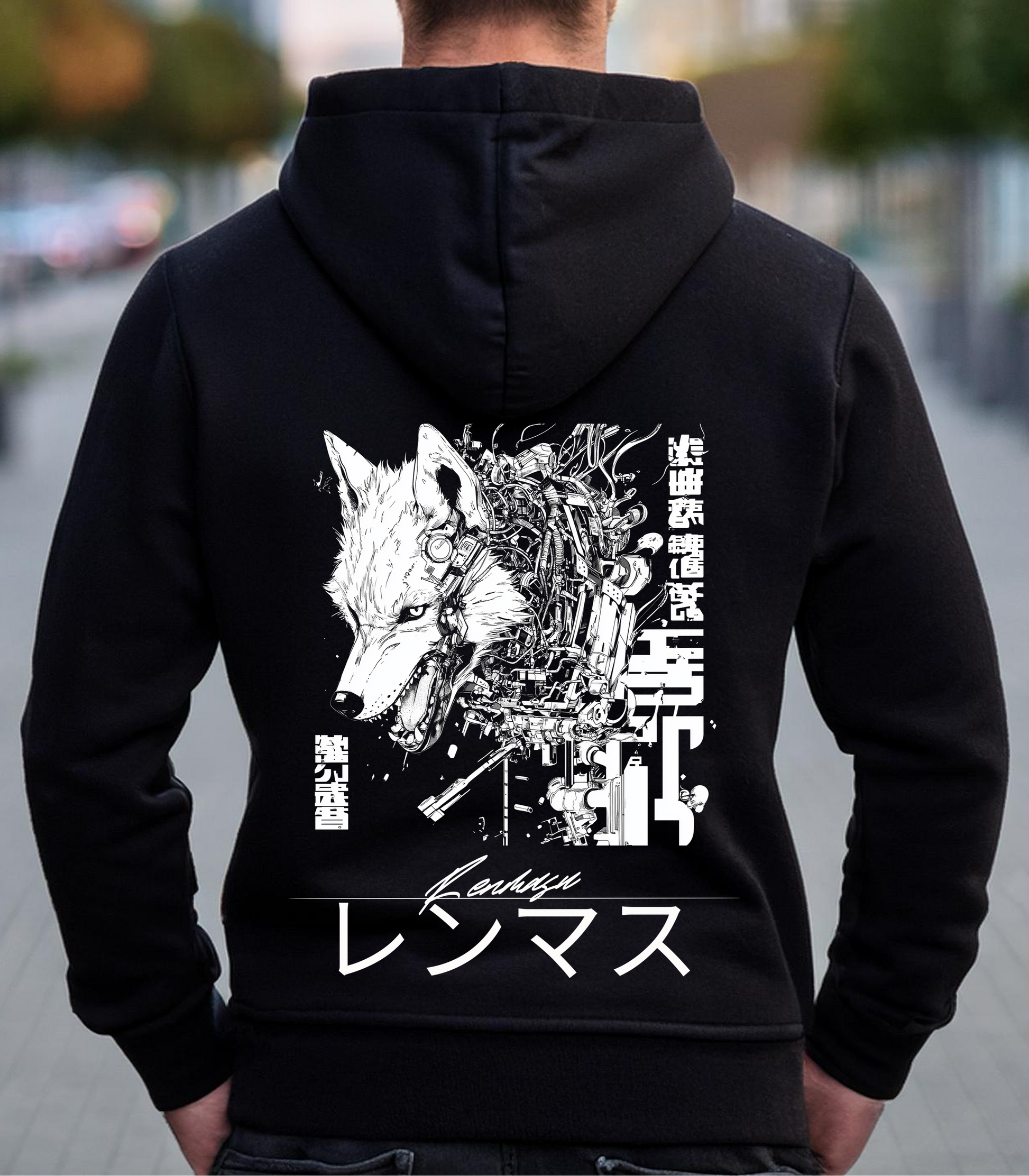 Ironfang Hoodie – Bold streetwear featuring a cybernetic wolf design with Japanese kanji and the Renmasu logo. Unmatched comfort meets futuristic style.