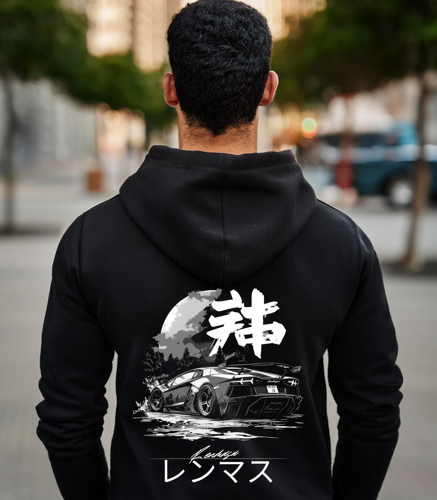 Lamborghini Aventador Ghost Hoodie – A bold statement piece featuring a sleek Lamborghini Aventador design under a full moon, paired with Japanese kanji and the Renmasu logo. Perfect for streetwear enthusiasts and car lovers.